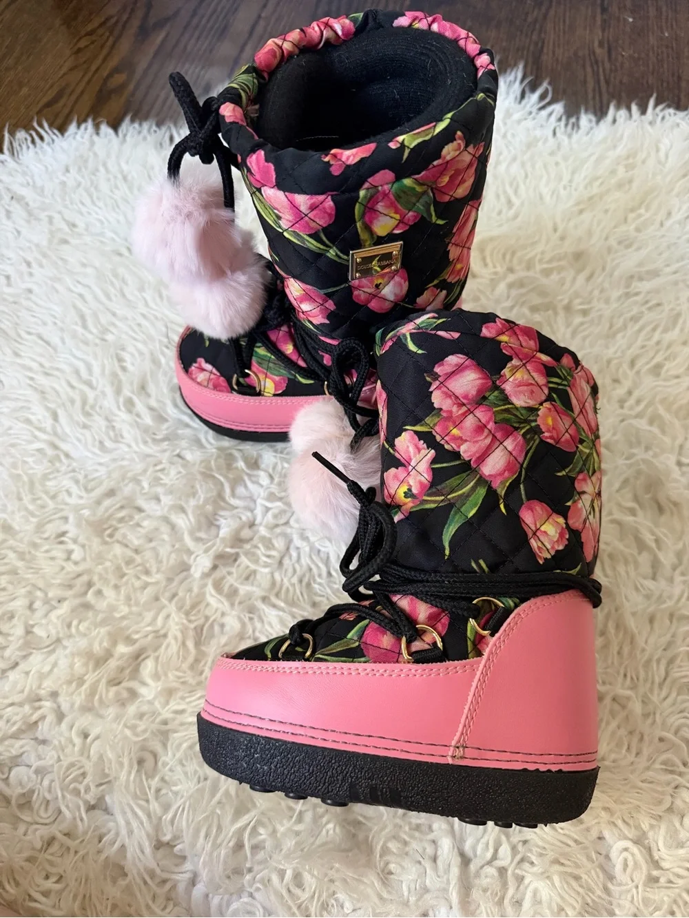 Dolce and Gabbana Pink Floral Quilted Winter Boots with Pom-Pom Accents